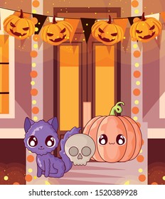cute cat with pumpkin on halloween scene