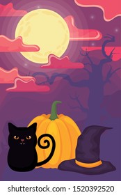 cute cat with pumpkin on halloween scene