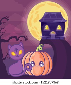 cute cat with pumpkin on halloween scene vector illustration design