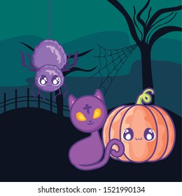 cute cat with pumpkin on halloween scene vector illustration design