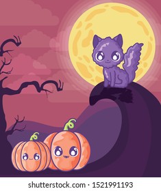 cute cat with pumpkin on halloween scene vector illustration design