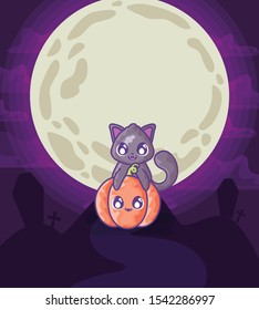 cute cat with pumpkin on halloween scene vector illustration design