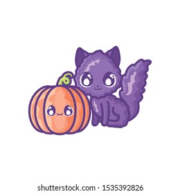 cute cat with pumpkin on white background vector illustration design