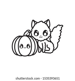 cute cat with pumpkin on white background vector illustration design