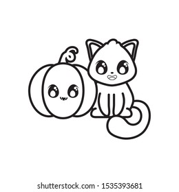 cute cat with pumpkin on white background vector illustration design