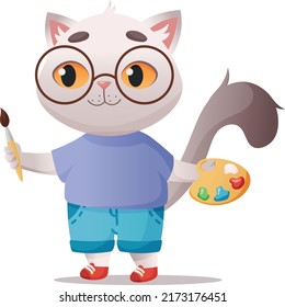 A cute cat pupil painting with a brush and a palette. A vector illustration for stickers and cards for the beginning of school days. 