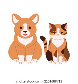 Cute cat and puppy are sitting. Pet vector illustration.