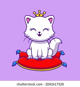 Cute Cat Queen Princess Sitting On Pillow Cartoon Vector Icon Illustration. Animal Object Icon Concept Isolated Premium Vector. Flat Cartoon Style