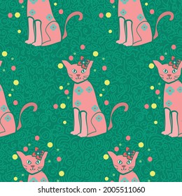 cute cat quirky vector seamless repeating pattern with polka dots in green and pink