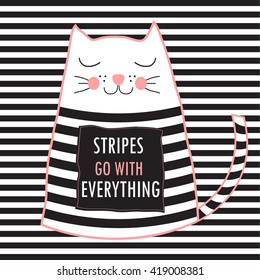 cute cat with quote stripes go with everything, fashion design, t-shirt print