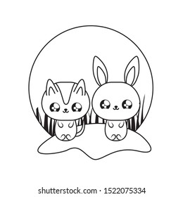 cute cat with rabbit baby animals kawaii vector illustration design