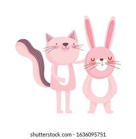cute cat and rabbit cartoon character on white background vector illustration