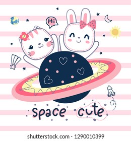 Cute cat and rabbit cartoon with saturn planet on pink and white striped background illustration vector.