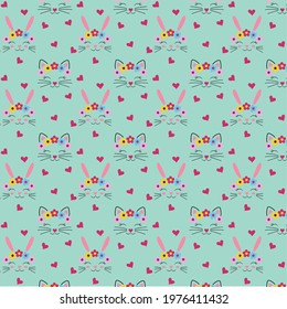 Cute cat and cute rabbit face allover print on the mint background. allover print illustration.