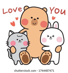 Cute cat and rabbit hug brown teddy bear hand drawn.Love you text.Cartoon character design.Animal doodle.Kid product.Sticker.Kawaii.Vector.Illustration.