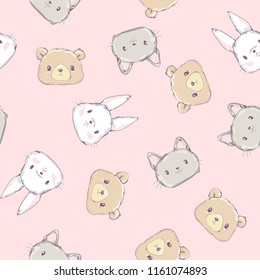 Cute Cat, Rabbit and Teddy Bear Pattern Seamless Vector Illustration. Print Textile Design for Children
