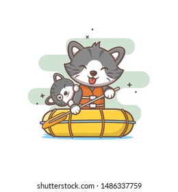 cute cat rafting with boat vector illustration