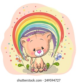 Cute Cat with rainbow and flowers