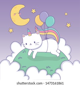 cute cat with rainbow tail and balloons helium kawaii character