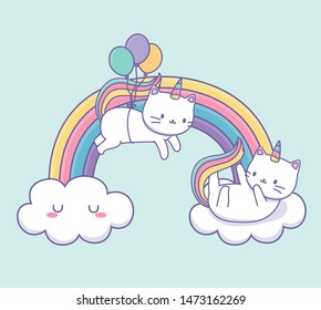 cute cat with rainbow tail and balloons helium kawaii character