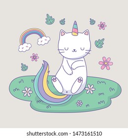 cute cat with rainbow tail in the camp kawaii character