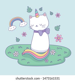 cute cat with rainbow tail in the camp kawaii character