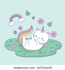 cute cat with rainbow tail in the camp kawaii character