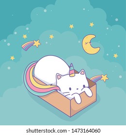 cute cat with rainbow tail in carton box kawaii character