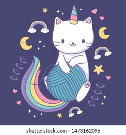 cute cat with rainbow tail and wool ball kawaii character
