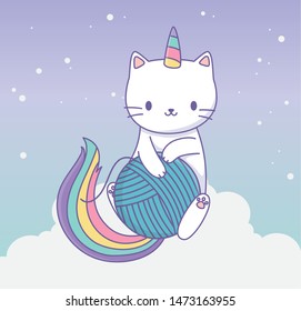 cute cat with rainbow tail and wool ball kawaii character