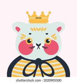Cute cat in a raincoat and with a crown on his head. Children's illustration.