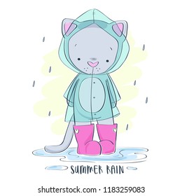 Cute cat in raincoat and rubber boots standing in puddle . Vector illustration