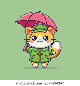 Cute Cat With Raincoat and Umbrella Cartoon Vector Icon Illustration. Animal Icon Concept Isolated Premium Vector. Flat Cartoon Style