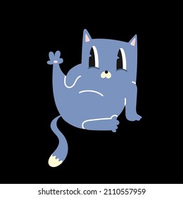 Cute cat raised his paw, cartoon style. Vector illustration, hand drawn, Flat design. All elements are isolated. Trendy modern illustration for poster, postcard, social media post or background.