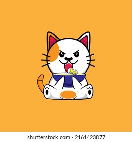Cute cat with ramen cartoon icon illustration