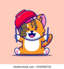 Cute Cat With Ramen Noodle Bowl And Chopstick Cartoon Vector Icon Illustration. Animal Food Icon Concept Isolated Premium Vector. Flat Cartoon Style