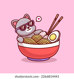 Cute Cat Ramen Noodle Cartoon Vector Icon Illustration. Animal Food Icon Concept Isolated Premium Vector. Flat Cartoon Style