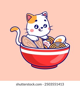 Cute Cat In Ramen Noodle Cartoon Vector Icon Illustration. Animal Food Icon Concept Isolated Premium Vector. Flat Cartoon Style