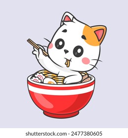 Cute Cat In Ramen Noodle With Chopstick Cartoon Vector Icon Illustration. Animal Food Icon Concept Isolated Premium Vector. Flat Cartoon Style