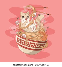 cute cat ramen noodles japanese illustration