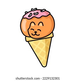 Gato lindo con pegatina de helado de frambuesa. Kawaii gatitos en cono de gofre. Feliz diseño vectorial de caricatura animal para publicidad. Concepto de verano, sabor y comida