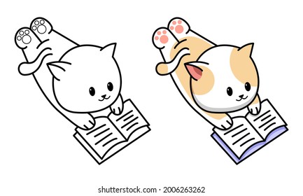 Cute cat read a book coloring page for kids