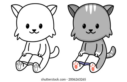 Cute cat read a book coloring page for kids