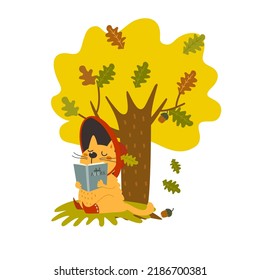 Cute cat reading, autumn time. Funny kitten girl sitting under oak tree with book in fall. Happy animal is  reader. Cartoon pet, hand drawn vector illustration for kids. Flat design  