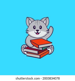 Cute cat reading a book. Animal cartoon concept isolated. Can used for t-shirt, greeting card, invitation card or mascot.