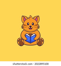 Cute cat reading a book. Animal cartoon concept isolated. Can used for t-shirt, greeting card, invitation card or mascot.