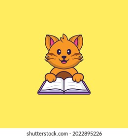Cute cat reading a book. Animal cartoon concept isolated. Can used for t-shirt, greeting card, invitation card or mascot.