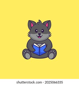 Cute cat reading a book. Animal cartoon concept isolated. Can used for t-shirt, greeting card, invitation card or mascot.