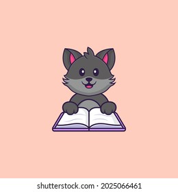 Cute cat reading a book. Animal cartoon concept isolated. Can used for t-shirt, greeting card, invitation card or mascot.