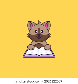 Cute cat reading a book. Animal cartoon concept isolated. Can used for t-shirt, greeting card, invitation card or mascot.